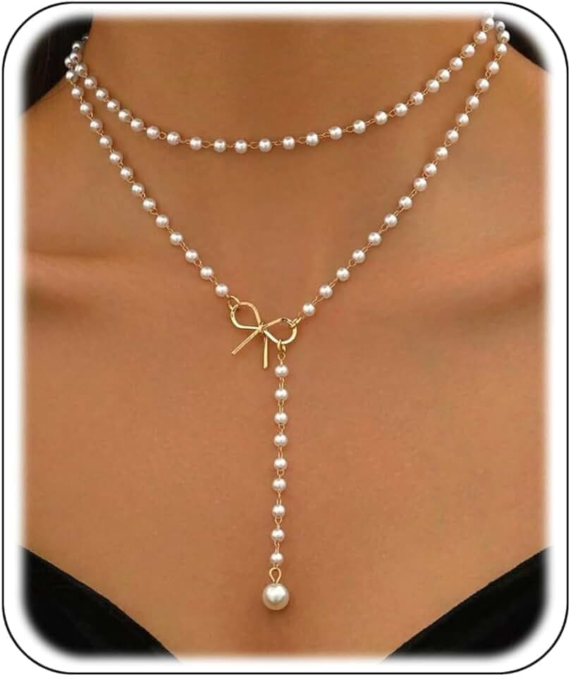 Layered Pearl Necklaces for Women 14K Gold Plated Trendy Faux Pearl Drop Y Necklace Dainty Pearl Choker Gold Layering Necklace,Jewelry Gift for Her,Mother,Wife,Girlfriend