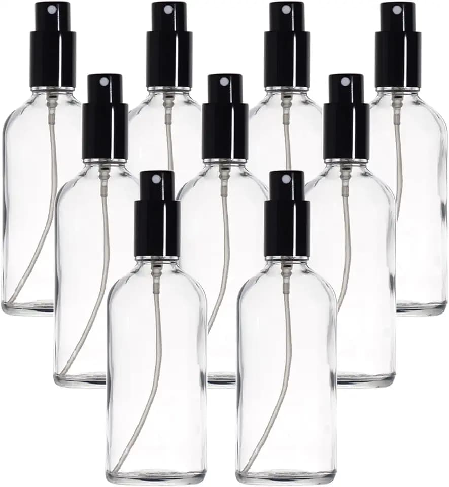 YIZHAO Transparent Sprühflasche 100ml, Sprühflasche Klein Glas mit Zerstäuber, für Ätherisches Öle, Kosmetik, Parfüm, Reinigung, Reiseflasche, Apotheker, Set –9Pcs