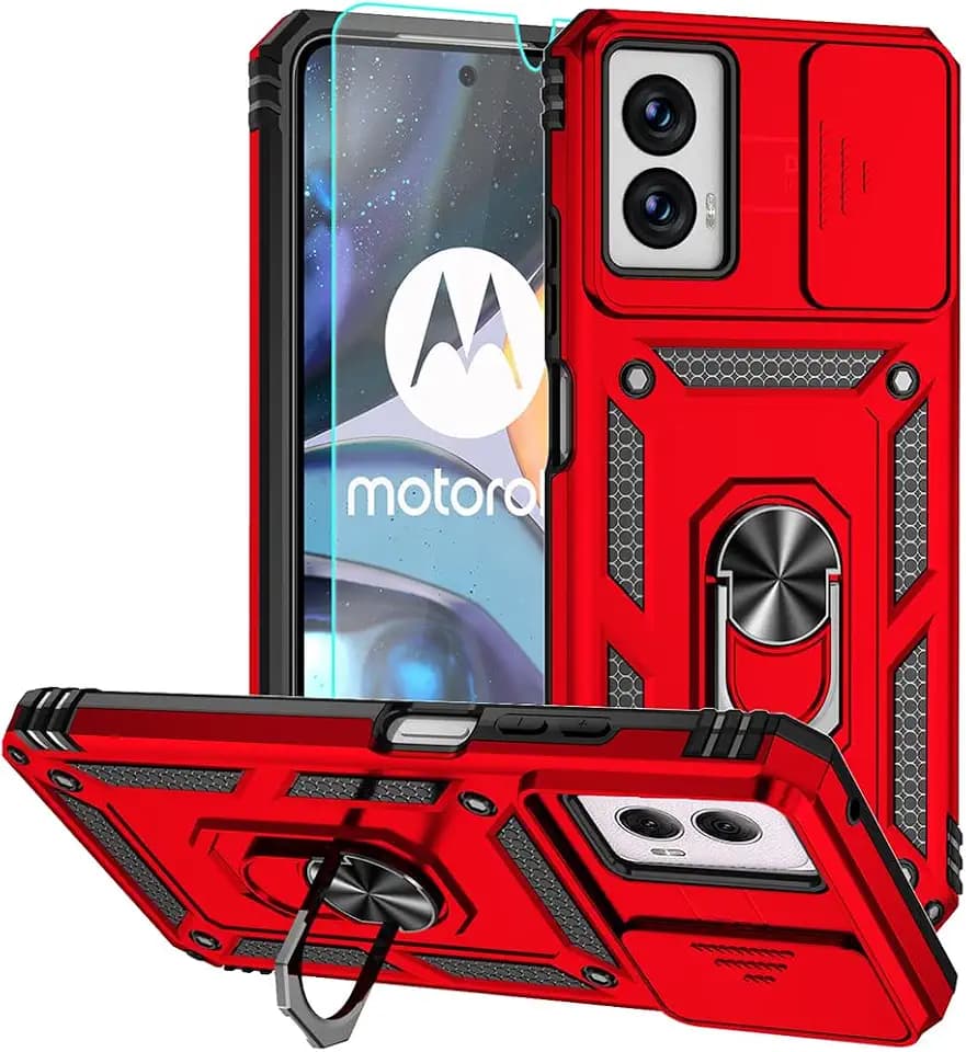 for Moto G Power 5G 2024 Case, Silicone Rubber Bumper Hard Plastic Phone Case with [Sliding Camera Lens Cover] [360° Rotatable Kickstand Ring] [HD Screen Protector] for Motorola G Power 2024 Red