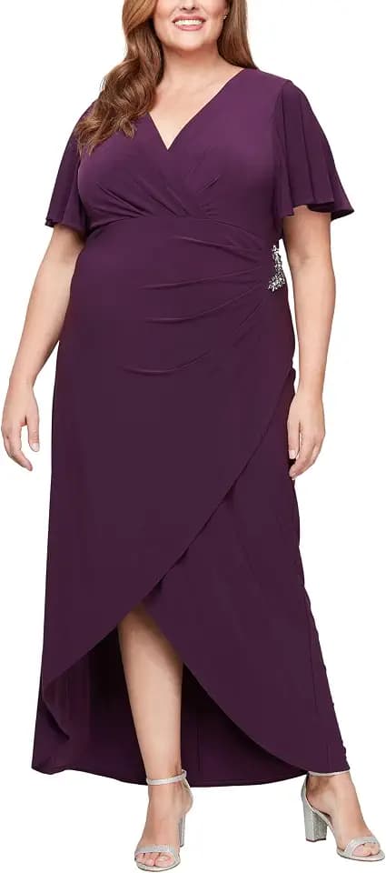 S.L. Fashions Women's Plus Size Long Length Hi-Low Gown with Flutter Sleeves, Faux Wrap Wedding Guest Dress