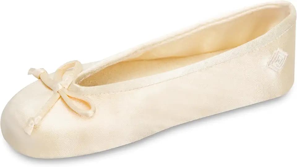isotoner Women's Classic Stretch Satin Ballerina Slippers with Bow Tie and Leather Sole