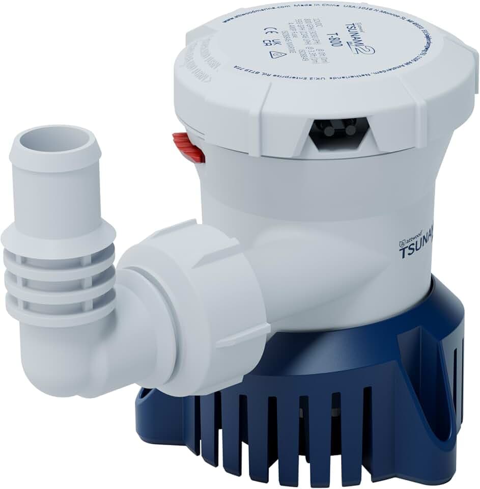 Attwood Tsunami Mk2 T800, 12V, Manual Bilge Pump, 800 GPH, with Fittings (Elbow & Straight), Direct Replacement for Attwood 4608-7