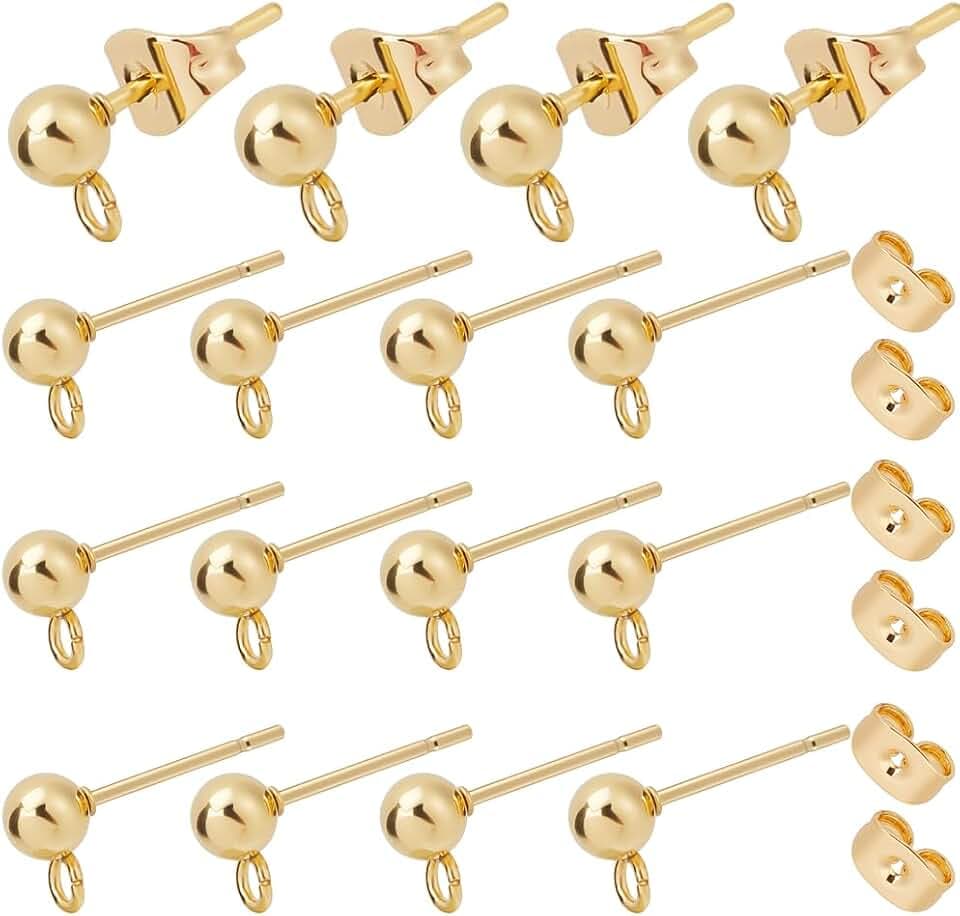 Beebeecraft 100 Stück 24K vergoldet Edelstahl 4mm Ohrstecker Ohrringe Kugel Ohrstecker mit Loch für DIY-Schmuck baumeln Ohrring Machen