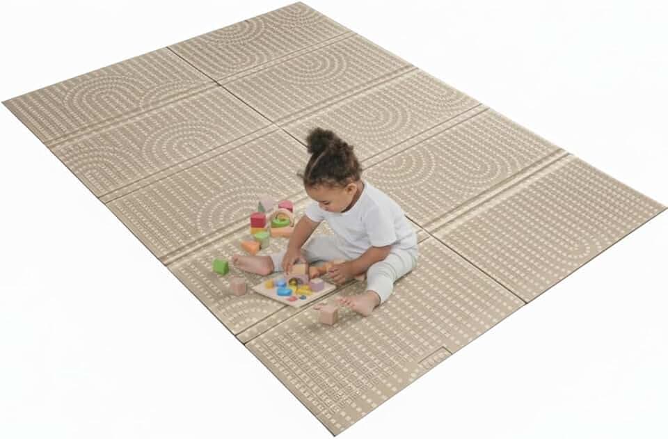 BÉABA XXL Motorikmatte 200x150 cm – Wendbar, 2-seitig, Hochdichte 1,5 cm Schaumstoff, Wasserabweisend, Leicht zu Reinigen, Zusammenklappbar mit Tragetasche – Play Life/Arch