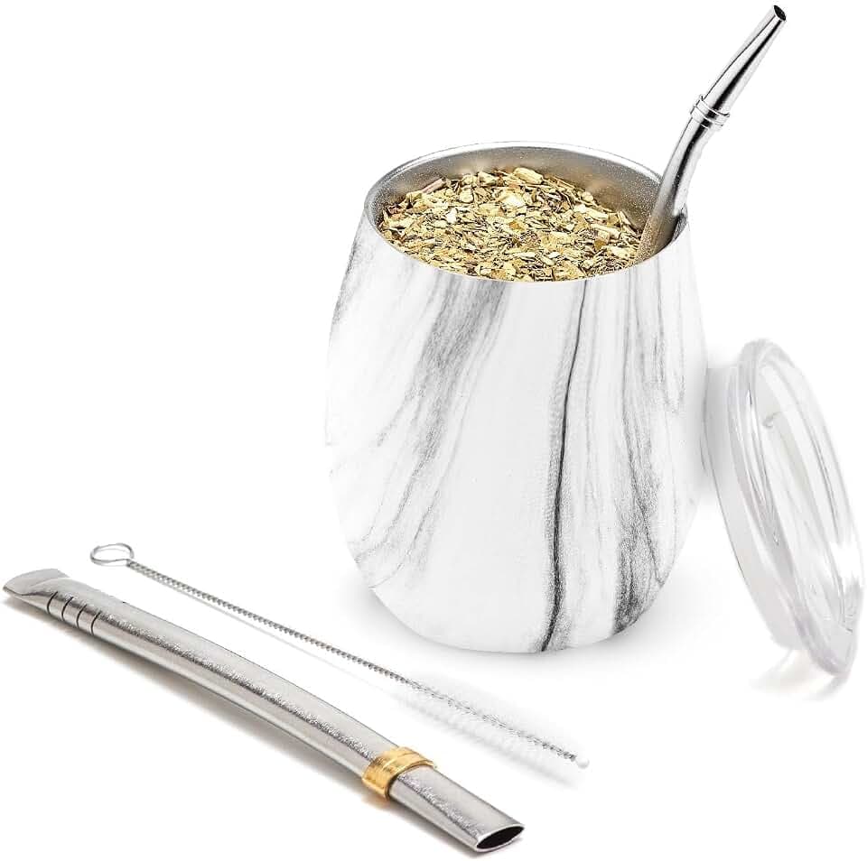 balibetov Yerba Mate Set – Mate Becher, 2 Bombillas & Reinigungsbürste – Doppelwandig Isoliert – BPA-Freier Deckel – Leicht zu Reinigen