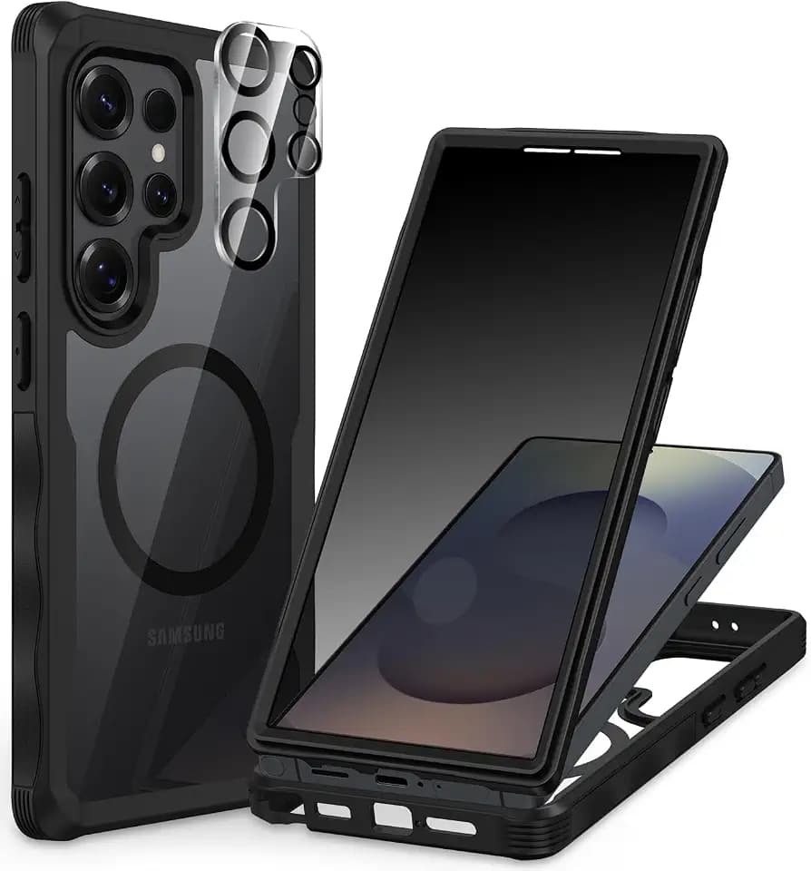 CENHUFO Magnetic Privacy for Samsung Galaxy S25 Ultra Case, Full Body Phone Case with Built-in 9H Tempered Glass Privacy Screen Protector and Camera Lens Cover, Shockproof Protective Bumper -Black