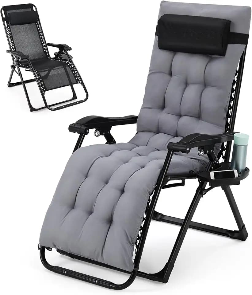 Zero Lounge Chair Supports 440 Lbs, Indoor/Outdoor Adjustable Folding Recliner with 29 Inch Seat, Removable Cup Holder & Headrest Grey