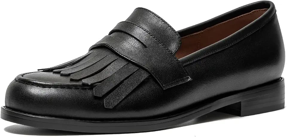 ONEENO Women's Flat Leather Fringe Loafer