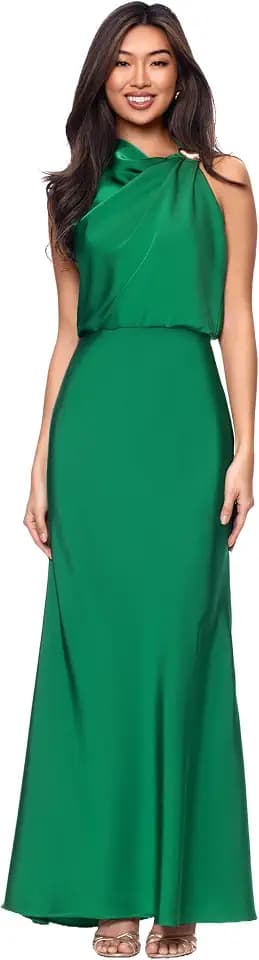 Betsy & Adam Women's Floor Length Sheath Double Face Satin Sleeveless Cowl Neck Evening Gown with Embellished Shoulder Detail, Emerald, 2