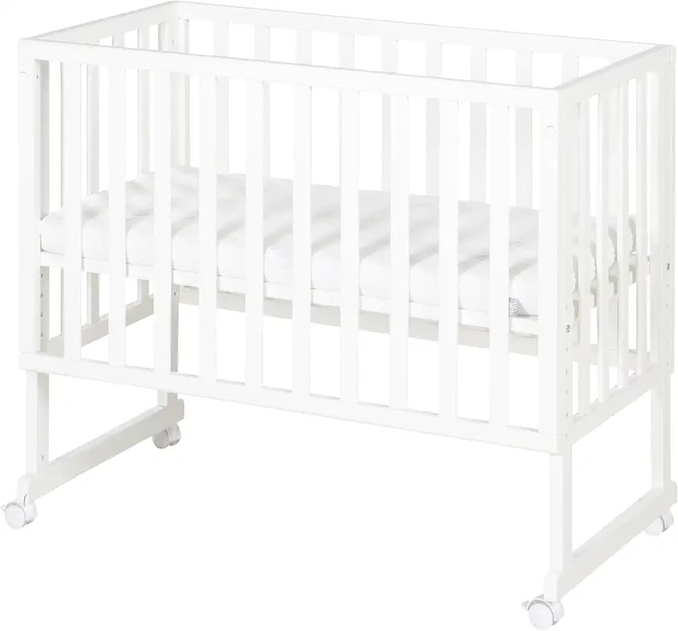 roba Stuben- und Beistellbett Safe Asleep® 3 in 1-45 x 90 cm - Höhenverstellbar - Komplettes Anstellbett mit Matratze + Canvas Barriere - Bett Set für Babys - Holz weiß