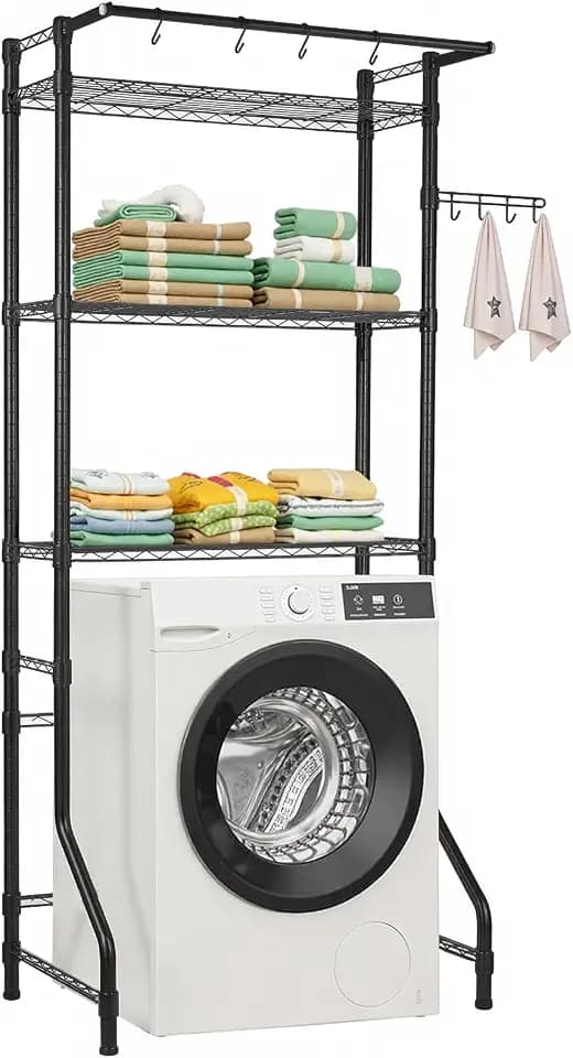VEVOR Lagerregal über Waschmaschine und Trockner, 3-stufiges Wäscheständer-Gestell mit Kleiderstange und Haken, einreihige, verstellbare Waschmaschinenregale, für Lagerung und Organisation