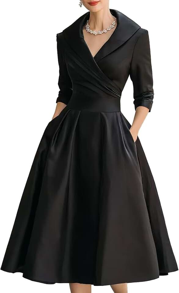 SHINFY Women's Satin Formal Wrap Long Sleeve A Line Midi Church Dress