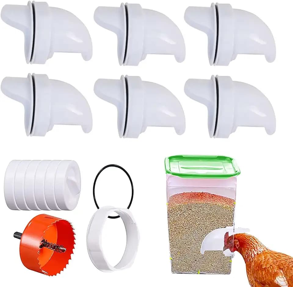 Chicken Feeder Kit, Rainproof No Waste Poultry Gravity Feeder, DIY Automatic Chick Feeder, 6 Ports & Hole Saw, for Troughs, Buckets, Boxes