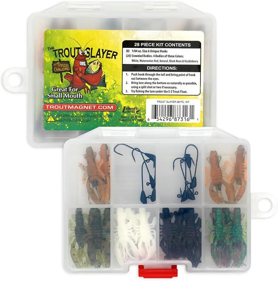 Trout Magnet Trout Slayer 28 Piece Fishing Kit, Includes 20 Crawdad Bodies and 8 Size 6 Long Shank Hooks, Great for Small Streams and Lakes, Catches All Species, White