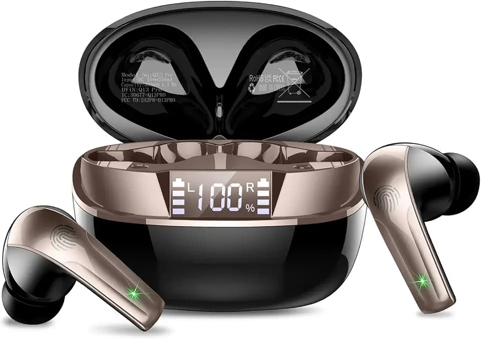 Bluetooth Kopfhörer, Kopfhörer Kabellos Bluetooth 5.4 HiFi-Klangqualität mit ENC Mikrofon, 47Std Spielzeit In Ear Ohrhörer mit IP7 Wasserdicht, Ohrhörer mit LED Anzeige für IOS/Android, Schwarzgold