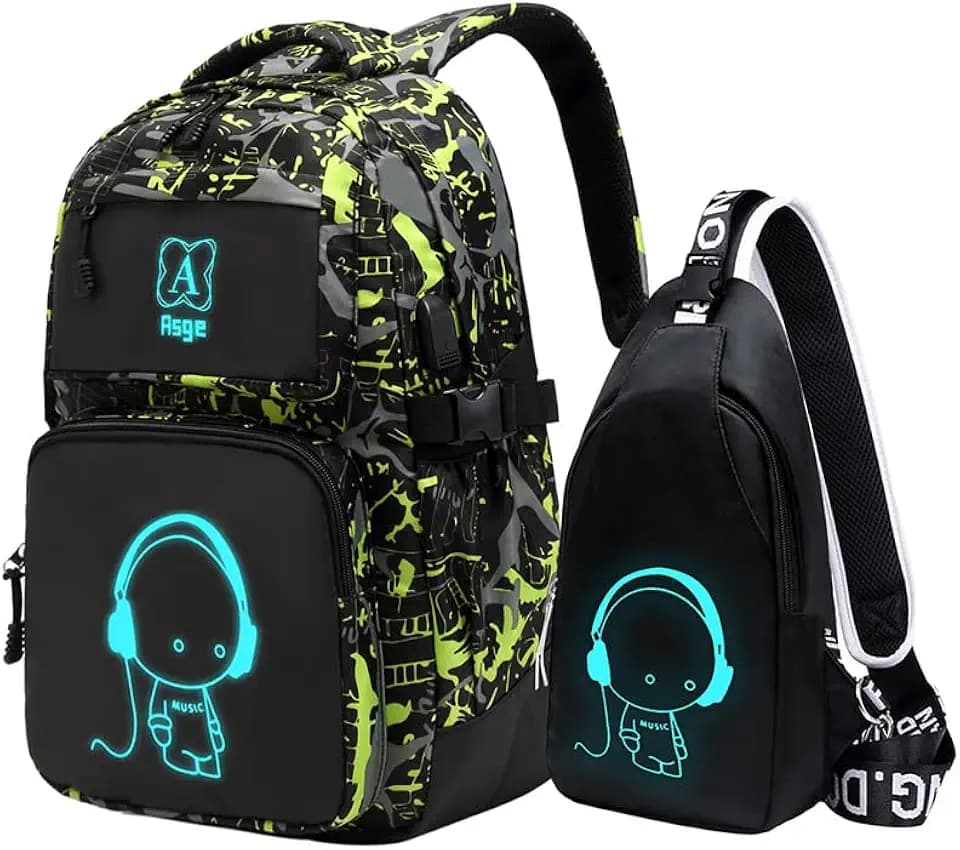Asge Rucksack Jungen Schulrucksack Mädchen Teenager Jugendliche Coole Schule Daypacks Kinder Reflektierender Schultasche Outdoor Camping Groß Schulranzen Wasserdicht Ranzen Schultertaschen Set
