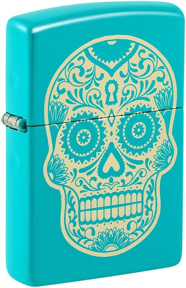 Zippo Sturmfeuerzeug - Dia de los Muertos Sugar Skull - Flat Turquoise Finish, Lasergravur - Nachfüllbar - Wiederverwendbar - Windfestes Design - Geschenkbox - Made in USA
