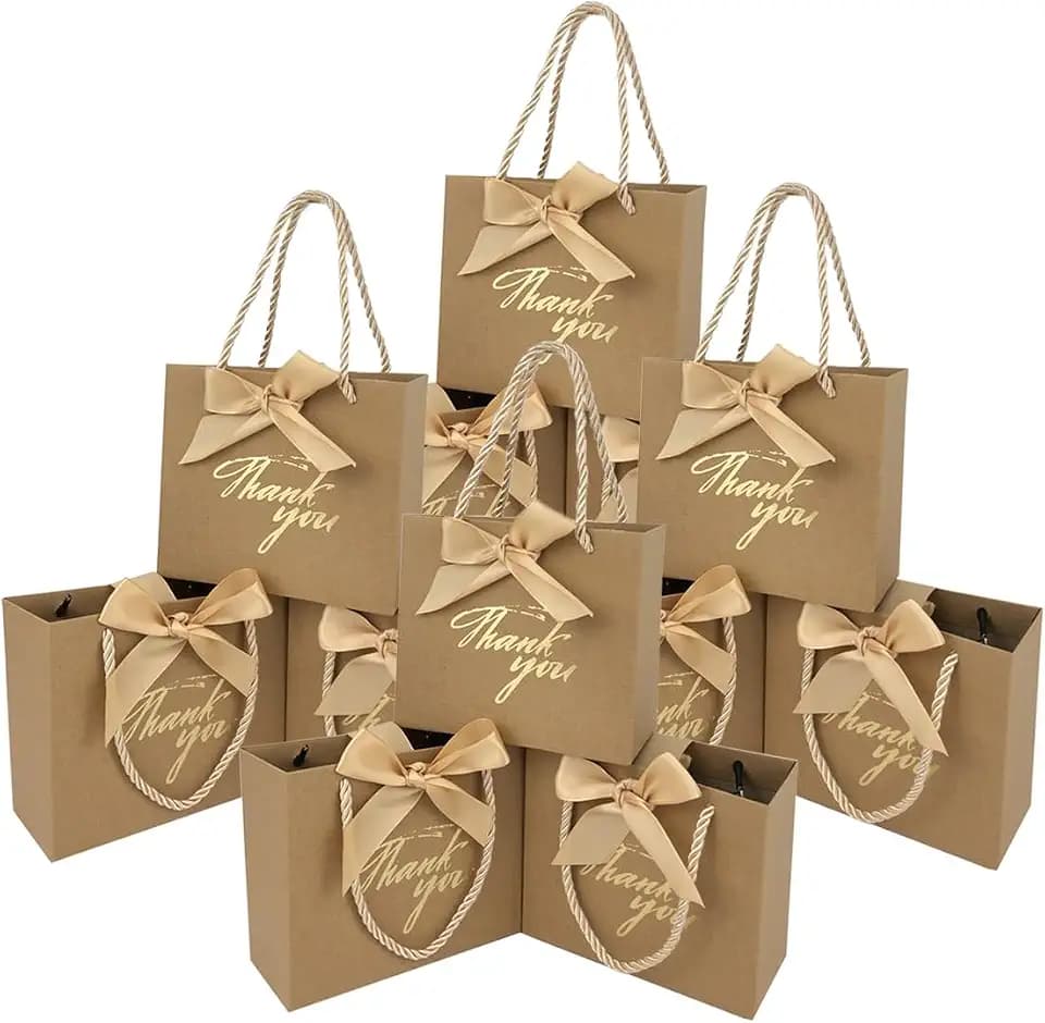 TKSBAG 50 Pack Small Thank You Gift Bags with Handles, 5.5''x 2.3''x4.7'' Mini Brown Gift Bags Bulk for Baby Shower, Birthday, Wedding, Party Favors, Fathers' Day