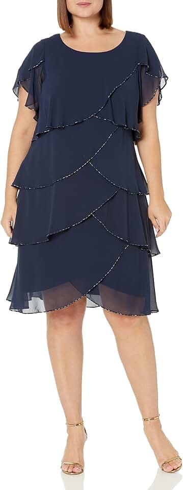 S.L. Fashions Womens Plus Size Capelet Tier Dress with Beaded Detail