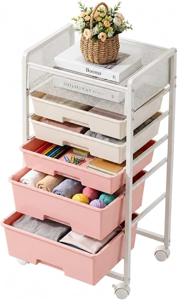 Stylish Rolling Craft Cart with 5 Drawers, Craft Cart with Wheels, Art Cart Organizer and Storage, Rolling Utility Cart with Handles for Organizing Crafts, Yarn, Toys, School Supplies, etc