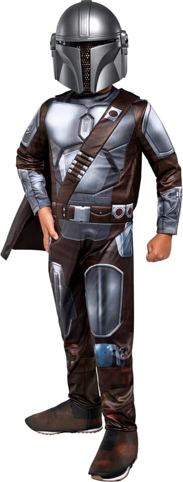 STAR WARS The Mandalorian Official Youth Halloween Costume - Premium Quality Padded Jumpsuit with Plastic Mask and Detachable Cape (M)