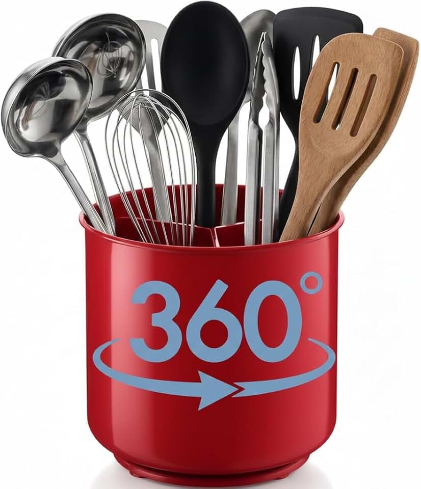 Cooler Kitchen Utensilienhalter Extra Groß Drehbar Rot mit Beschwertem Boden, Herausnehmbarer Trennwand und Griffigem Einsatz – Rostfrei und Spülmaschinenfest – 18 cm