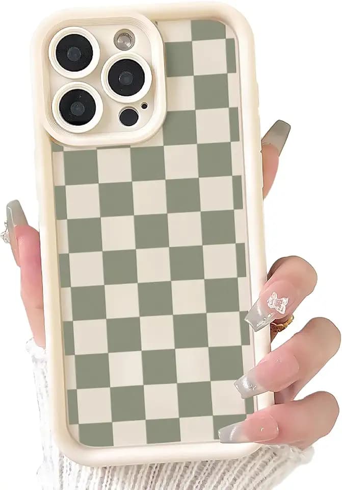 Lovmooful for iPhone 15 Pro Case Cute Checkerboard Plaid-White&Green