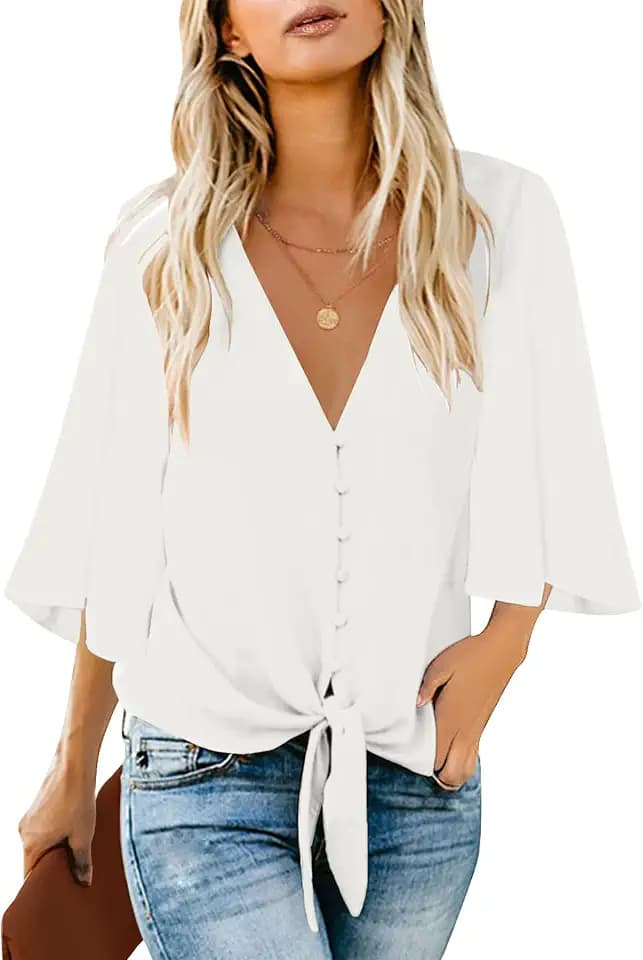 luvamia Women's Casual V Neck Tops 3/4 Sleeve Tie Knot Blouses Solid Button Down Shirts