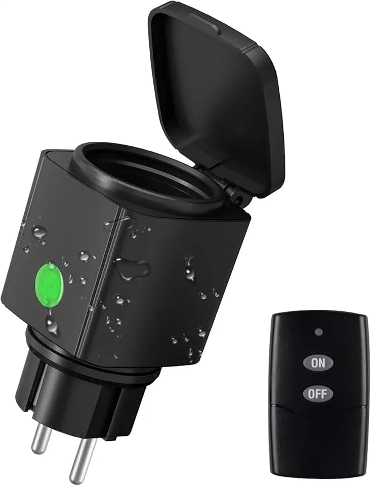 HBN Funksteckdose Aussen IP44 Wasserdicht - 1x Steckdose + 1x Fernbedienung, 3680 W, 30 m Reichweite Funksteckdosen mit Fernbedienung für Garten, Terrasse, Balkon & Outdoor Beleuchtung