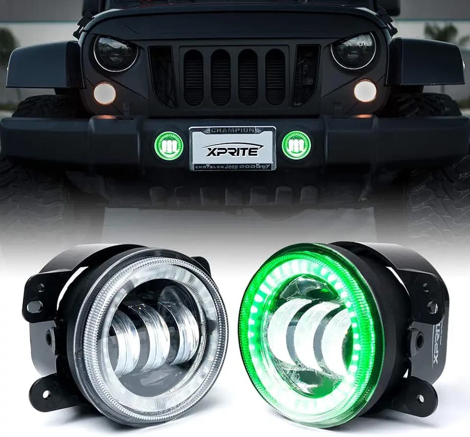 4 Inch 60W LED Fog Light w/Green Halo DRL Compatible with 07-18 Jeep JK JKU