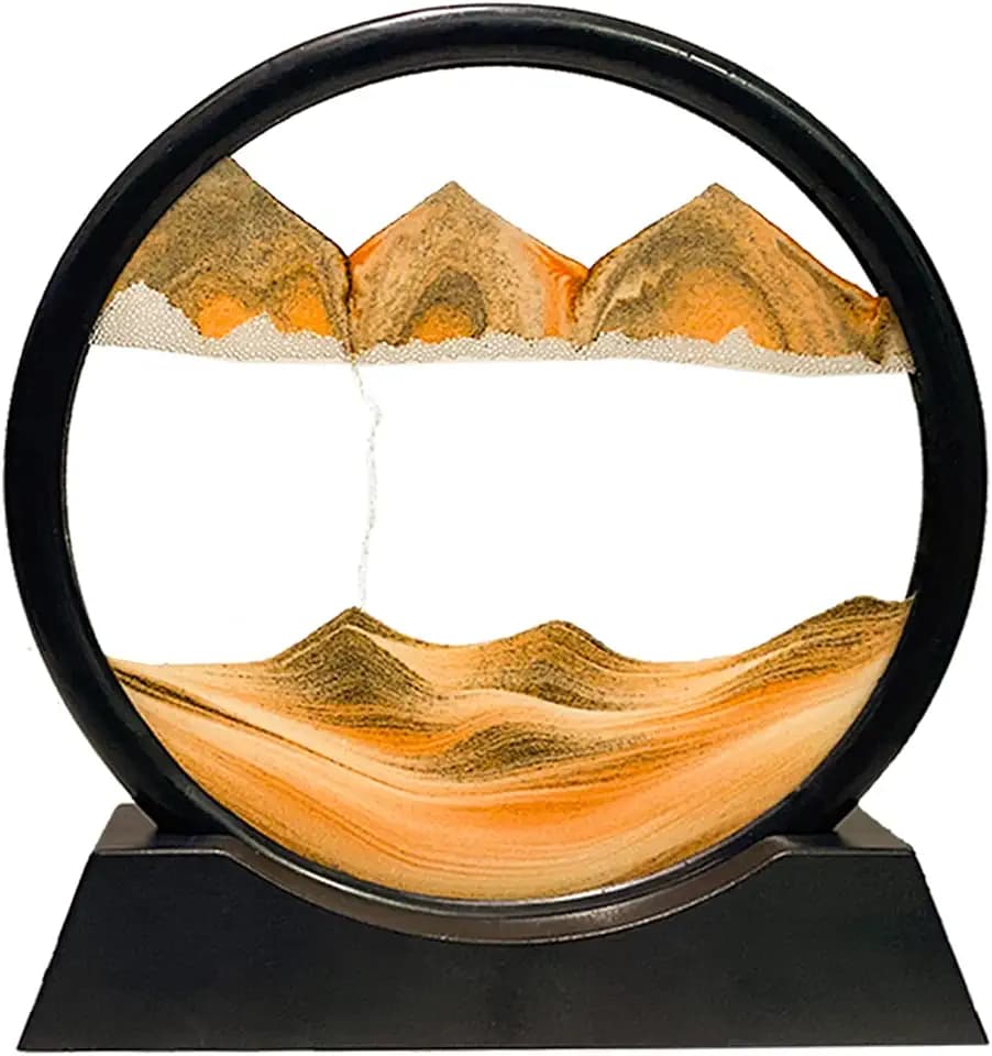 Dynamisch 3D Sandbilder zum Drehen, Fließende Sandmalerei runder Glas Rahmen, Bewegtes Sandbild Natürliche Landschaft, Entspannende Dekoration für Büro Heim Desktop-Kunst (Gelb, 7")