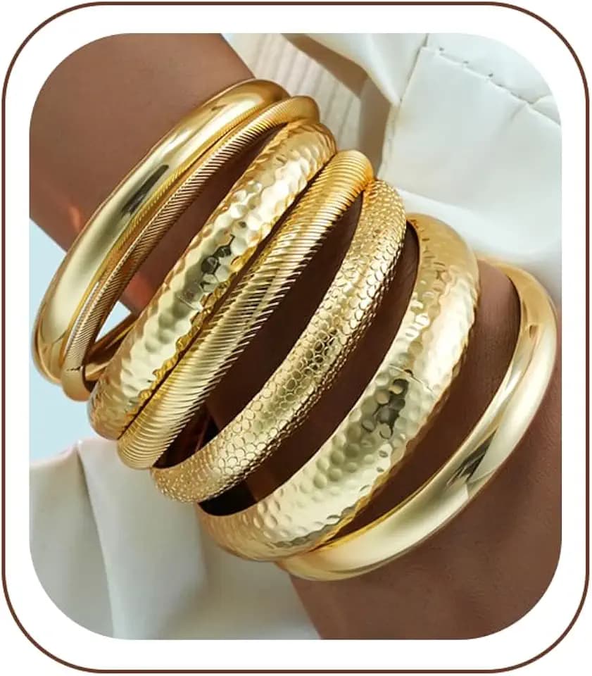 7Pcs Gold Bangle Bracelets for Women, 14K Plated Boho Indian Stackable Set