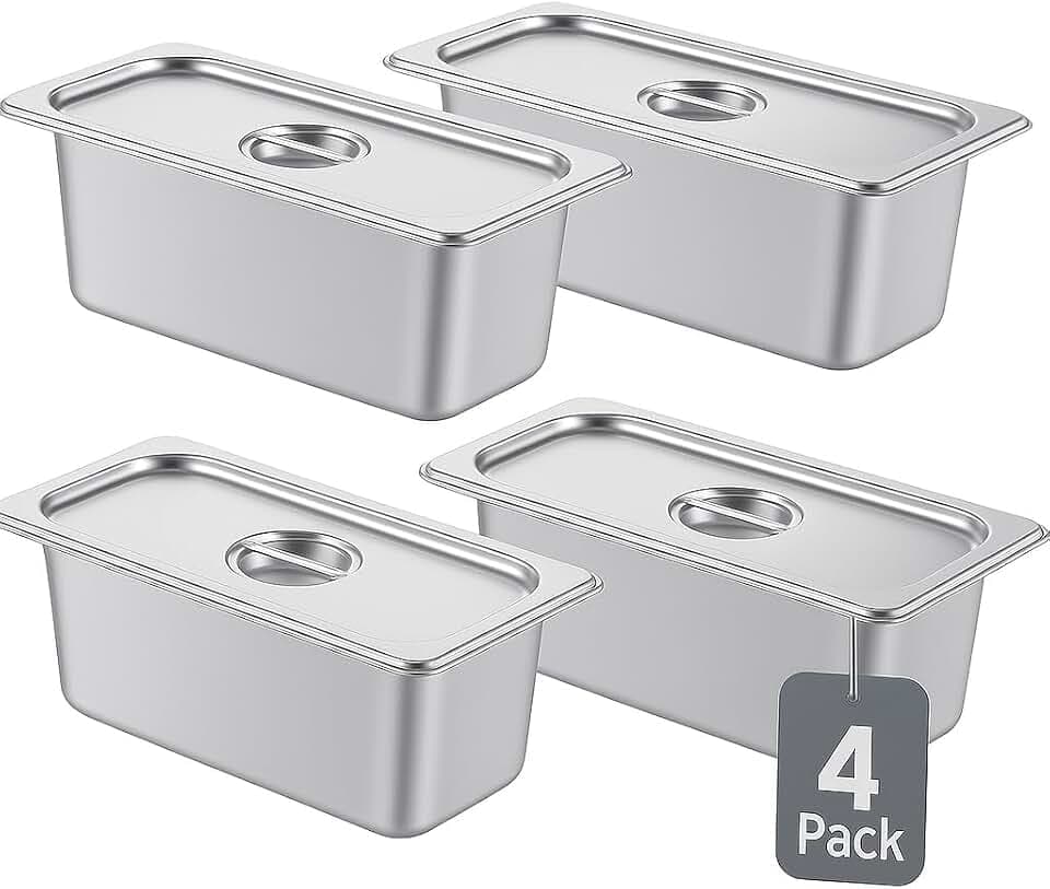 ALPHA LIVING 4 Pack Stainless Steel Steam Table Pans with Lids, 1/3 Size 6” Deep Hotel Pans for Catering, Buffet, Restaurant, or Home Use – Durable Anti-Rust Reusable Food Storage Trays