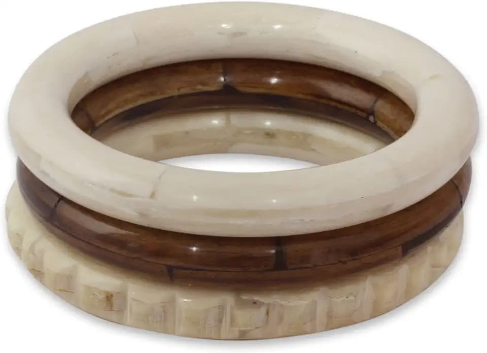 NOVICA Artisan Handmade Bone Bangle Bracelets Carved by from Set of 3 India [7.5 in Inner Circ. x 0.4 in W] ' Delhi Harmony' Set of 3