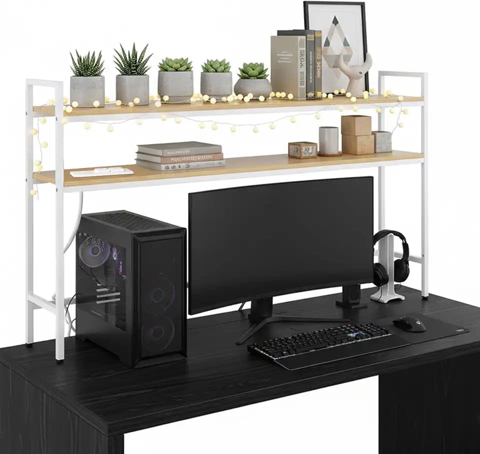 38.5" Desk Shelf with Outlets, 2-Tier Adjustable Multipurpose Engineered Wood Organizer Desk Hutch, Office Storage Rack, Desktop Shelf Organizer for Dorm,Office Home(Nature)