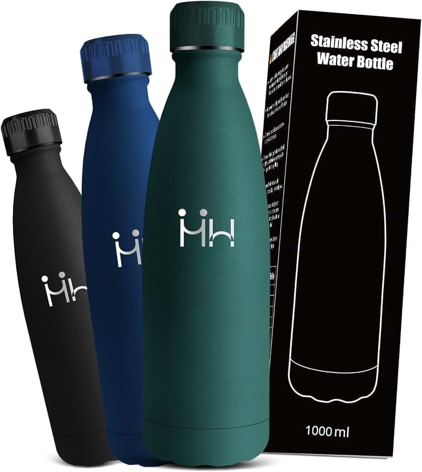 Trinkflasche 1l Edelstahl, Edelstahl Trinkflasche, Leicht zu Tragen, Thermosflasche, 24h Kalt & 12h Warm, Wasserflasche Metall, Wasserflasche Doppelwandig, für Reisen, Büro, Camping