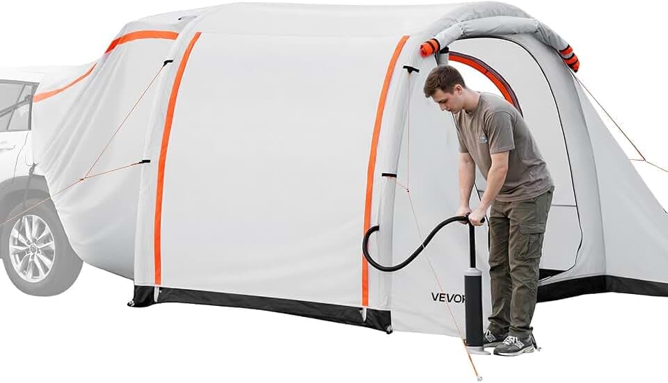 VEVOR Aufblasbares Heckklappenzelt Autozelt (2042+1020) x 2438 x 2020 mm, Wasserdichtes (PU2000 mm) Campingzelt mit Belüfteten Türen & Moskitonetzen, SUV-Heckzelt für Camping Wandern, inkl. Luftpumpe