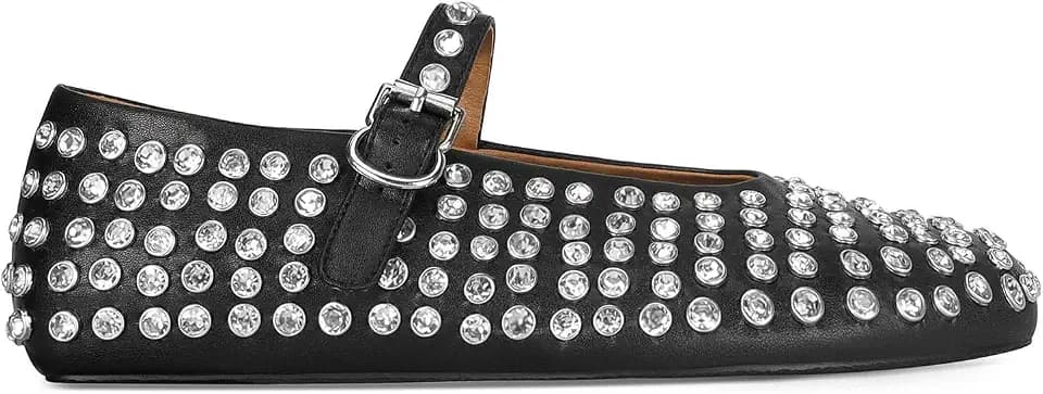 MICIFA Rhinestone Ballet Flats for Women, Crystals Ballerina Shoes Buckle Strap Mary Jane Flats Round Toe Casual Dress Shoes