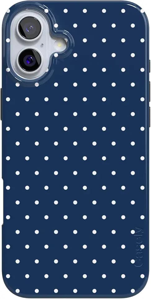 Casely iPhone 16 Case | On the Dot | Navy Polka Dot | Compatible with MagSafe | Classic Ultra Slim Design