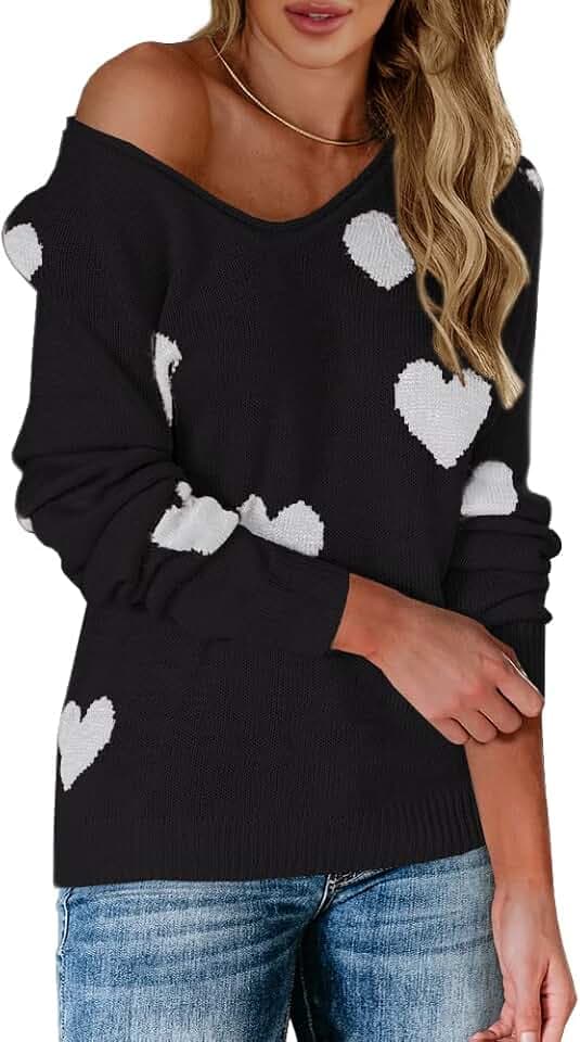 Tutorutor Womens Cute Love Heart Print Sweaters Oversized Off The Shoulder Loose Knitted Valentine Pullover Blouse Top