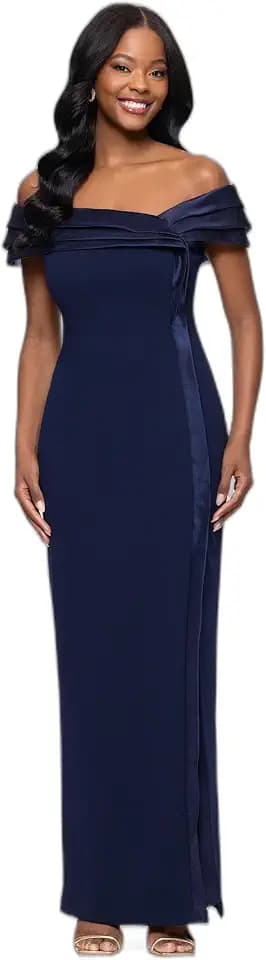 Betsy & Adam Womens Floor-Length, Sleeveless, Sheer Hem, with Fitted Silhouette and Notched Lapel Neckline