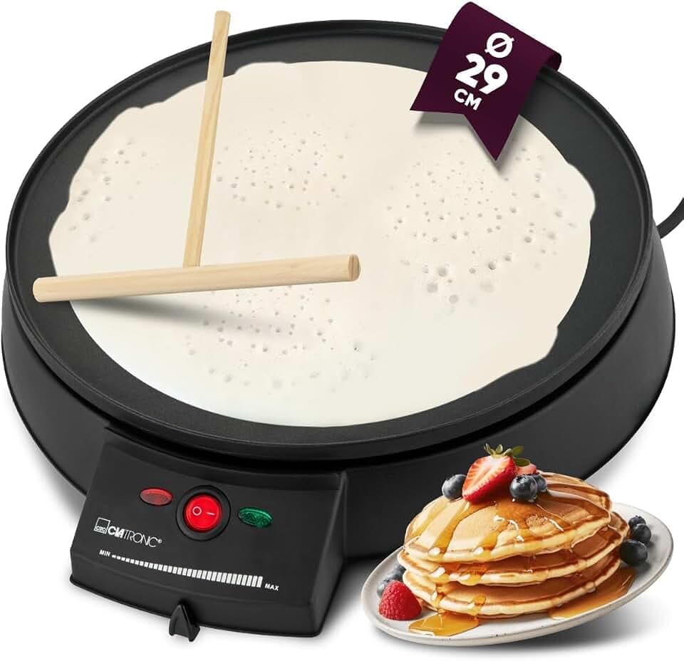 Clatronic® Crepes Maker für Crepes mit Ø29 cm | inkl. Teigverteiler | Crepe Maker | antihaftbeschichte Oberfläche | stufenlos regelbarer Thermostat | Crepemaker | Pfannkuchen Maker mit 900W | cm 3372