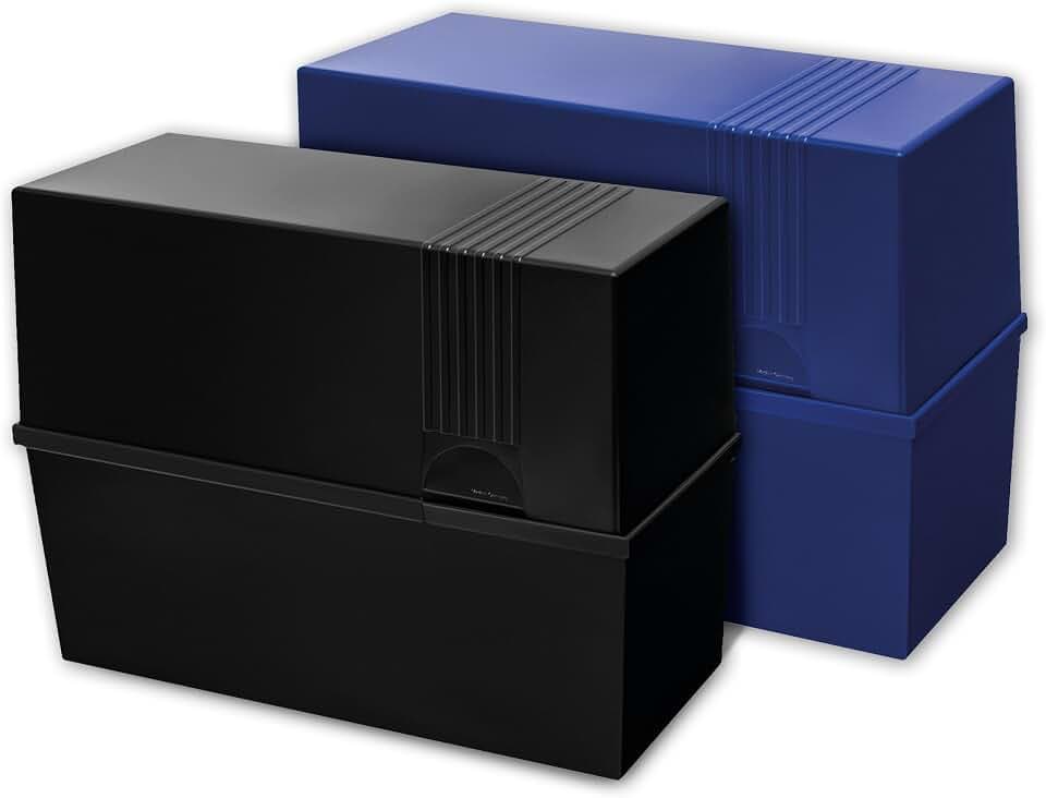 herlitz Karteikasten DIN A5 aus Kunststoff, für bis zu 300 Karteikarten, stabile Karteikartenbox in Blau oder Schwarz, unbefüllt