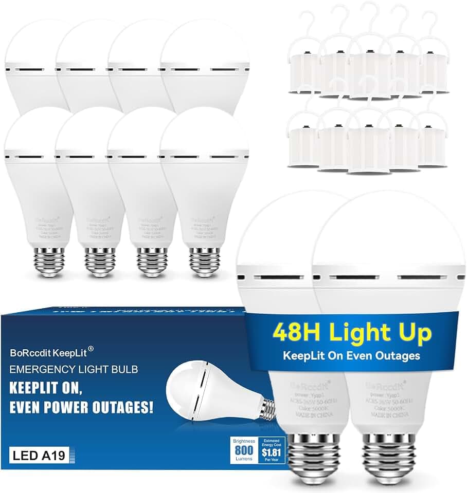 BoRccdit KeepLit 10PK Emergency Rechargeable Light Bulbs, 48H Battery Backup, 3 Brightness Levels, 12W 65W Equivalent A19 LED Bulbs Auto-On During Power Outage for Hurricane, Emergency Use (Daylight)