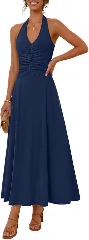MEROKEETY Womens Formal Halter Sleeveless Summer Backless Ruched Maxi Dress