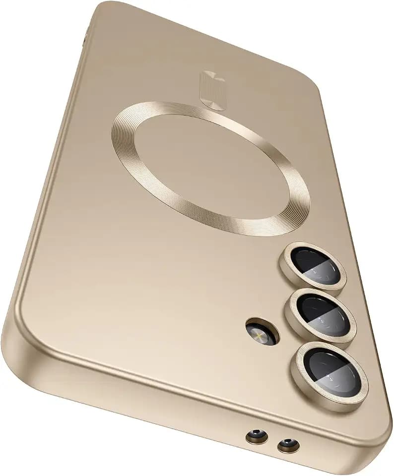 LEKEVO Magnetic for Samsung Galaxy S24 FE Case [Compatible with MagSafe][Built-in Camera Lens Protector] Slim Soft Silicone Bumper Shockproof Metallic Luster Phone Cover (Gold)
