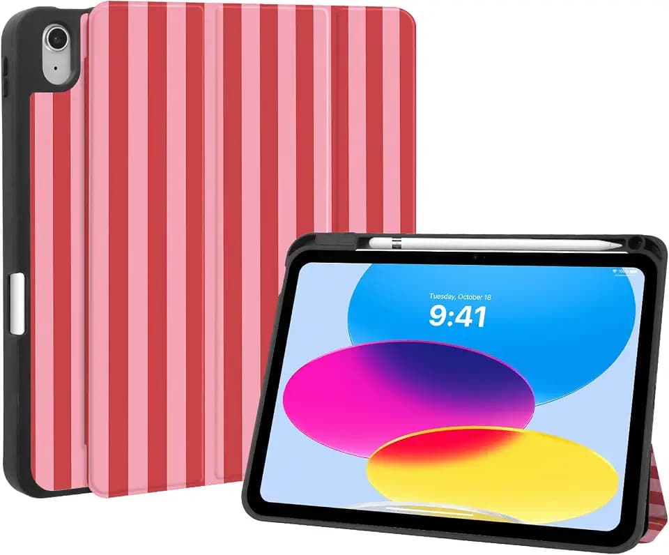 Hülle für iPad 11. Generation(A16) 2025/iPad 10. Generation 2022, iPad 11 Zoll Hülle mit Stifthalter,Cute Rosa und Rot Gestreifte Muster Schutzhülle mit Trifold Ständer,Ästhetisches Schwarz