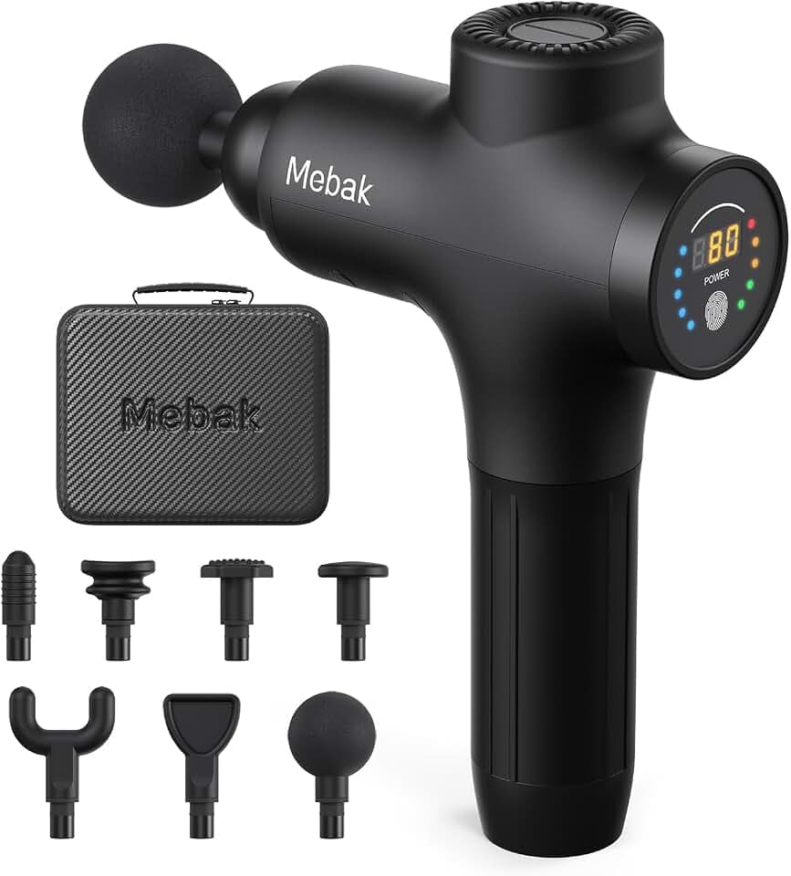 Mebak 3 Massagepistole Massagegerät Massage Gun Muskel 3200U/min 12MM Amplitude Elektrisches Handmassagegerät Faszien Tiefengewebe Tragbares für Nacken Rücken Körper mit 7 Köpfen 5 Stufen 2600mAh Akku