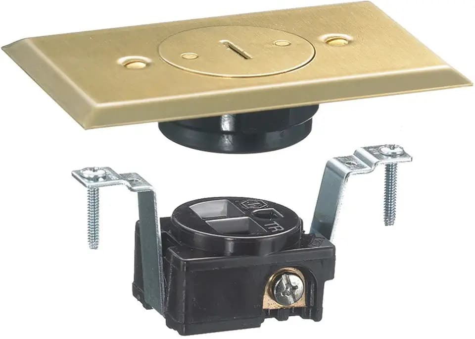 RF151DTR Tamper Resistant Single Receptacle, Floor Boxes Display Case Type, Brown Receptacle with Brass Plate, 15 Amp, 125V, 2 Pole, 3 Wire Grounding