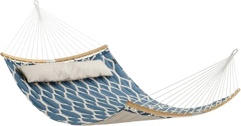 SONGMICS Hängematte, gepolstert, gesteppt, mit teilbaren gebogenen Bambusstangen, mit Kopfstütze, 200 x 140 cm, bis 225 kg belastbar, Blaue und beige Rauten GDC034I02